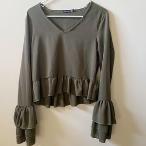 Boohoo army green ruffled top